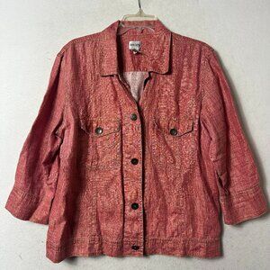 Chicos 100% Linen Jacket Size 2 (L) Gold stitching Red Pink 3/4 Sleeve  Shimmer